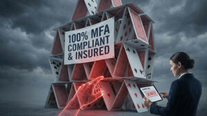 A conceptual image of a house of cards labeled "100% MFA Compliant," which is collapsing as an insurance claim is marked "DENIED" on a tablet. This illustrates the risks of misrepresenting MFA compliance for cyber insurance.