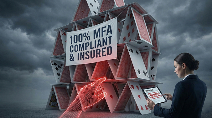 A conceptual image of a house of cards labeled "100% MFA Compliant," which is collapsing as an insurance claim is marked "DENIED" on a tablet. This illustrates the risks of misrepresenting MFA compliance for cyber insurance.