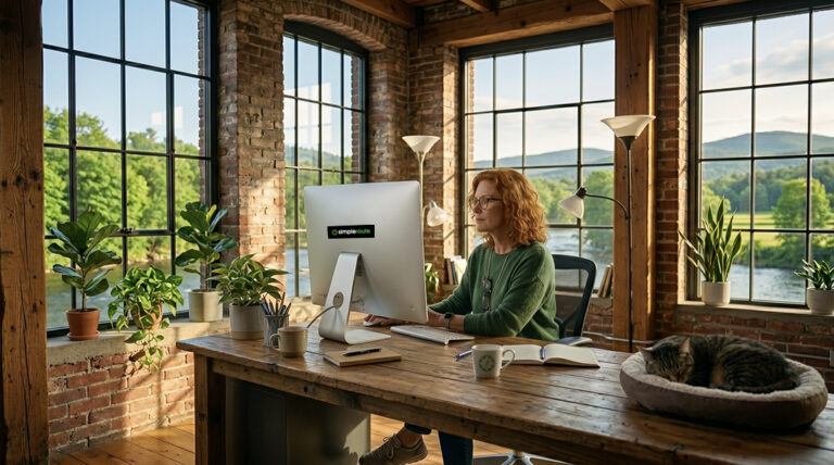 Middle-aged woman with red hair looking at a computer in a Vermont mill office with a sleeping cat, used as a hero image for a Microsoft 365 price increase blog post.
