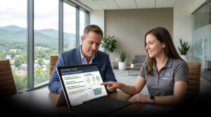Female simpleroute IT consultant reviewing a quarterly business review dashboard on a laptop with a business leader