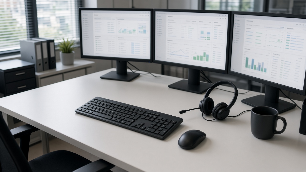 Empty service desk with triple monitors and headset