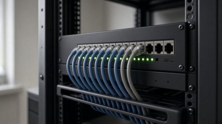 Network switch with blue and gray patch cables neatly routed into a cable manager